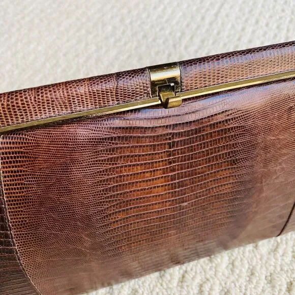 VTG Lizard Snake Alligator Skin Purse Caramel Brown Textured Leather Pocketbook